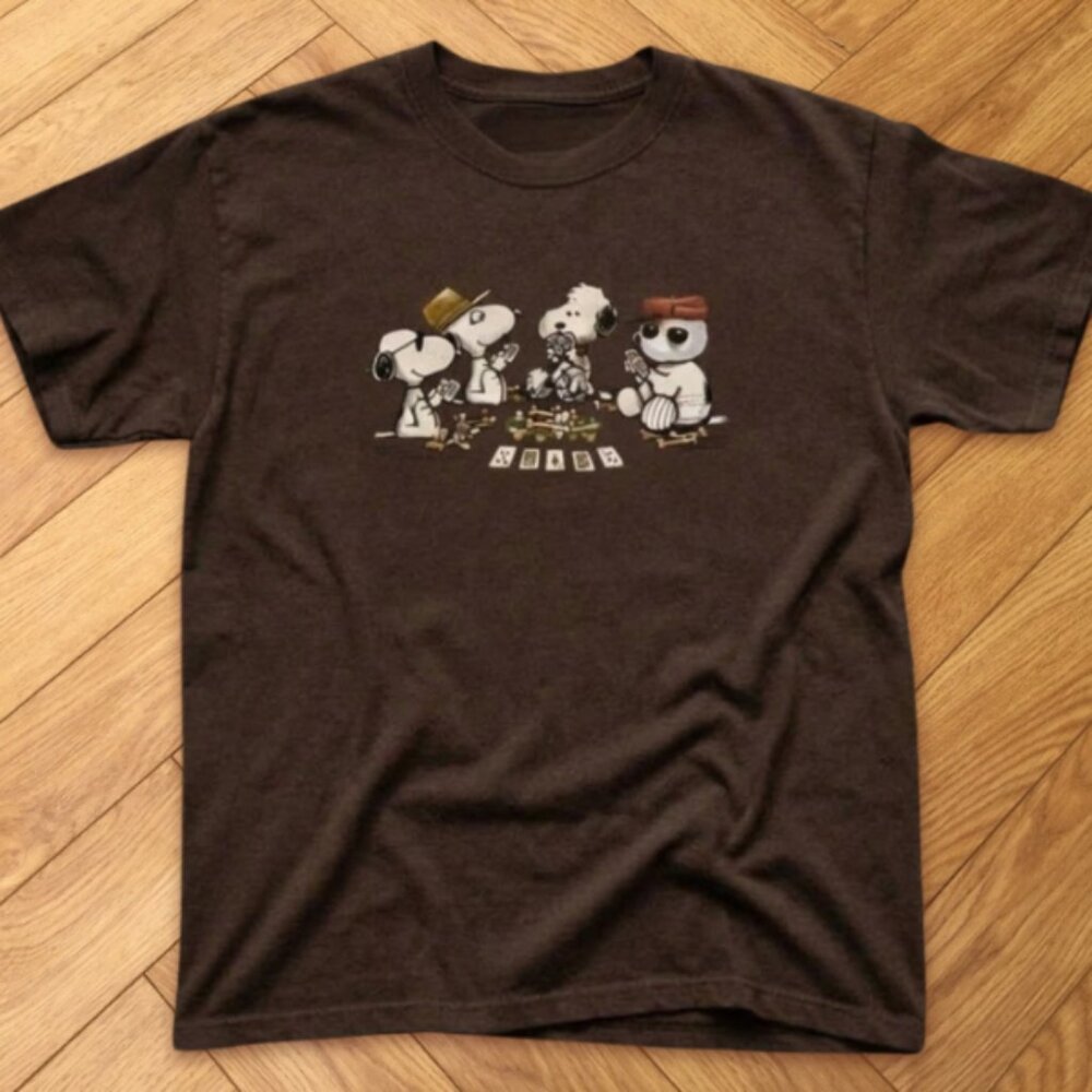 Funny Snoopy Poker Game Graphic T Shirt Brown Cartoon Dog Tee